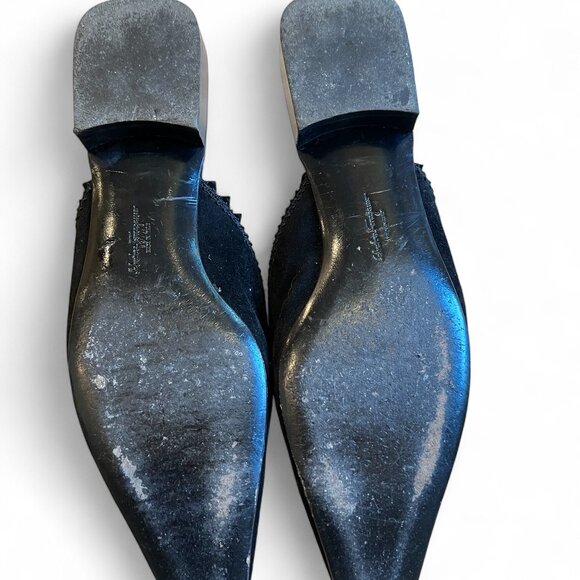 VTG Salvatore Ferragamo Black Suede Mules Size 9B Square Toe Slip On Italy - Picture 9 of 10